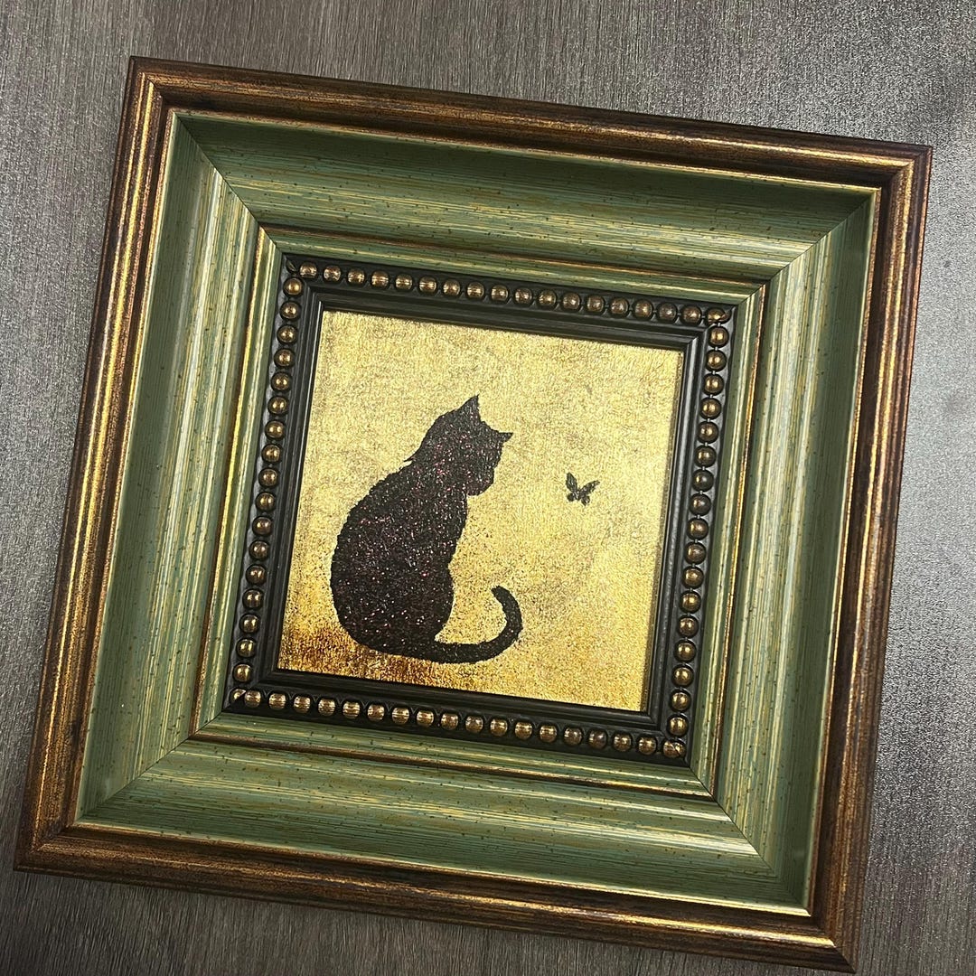 Mini Framed Cat Artwork, Gold Foil Oil Painting ,hand Painting Art for ...