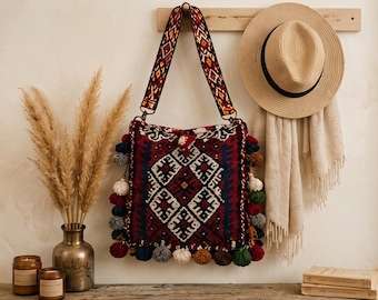 Handmade Turkish Kilim Crossbody Bag | Boho Ethnic Woven Purse with Tassels