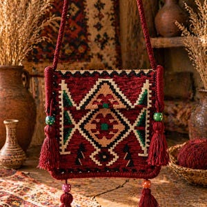 May include: A red woven shoulder bag with a geometric pattern in green, white, and tan. The bag has a braided strap and tassels with beads. The background includes pottery and a patterned rug.