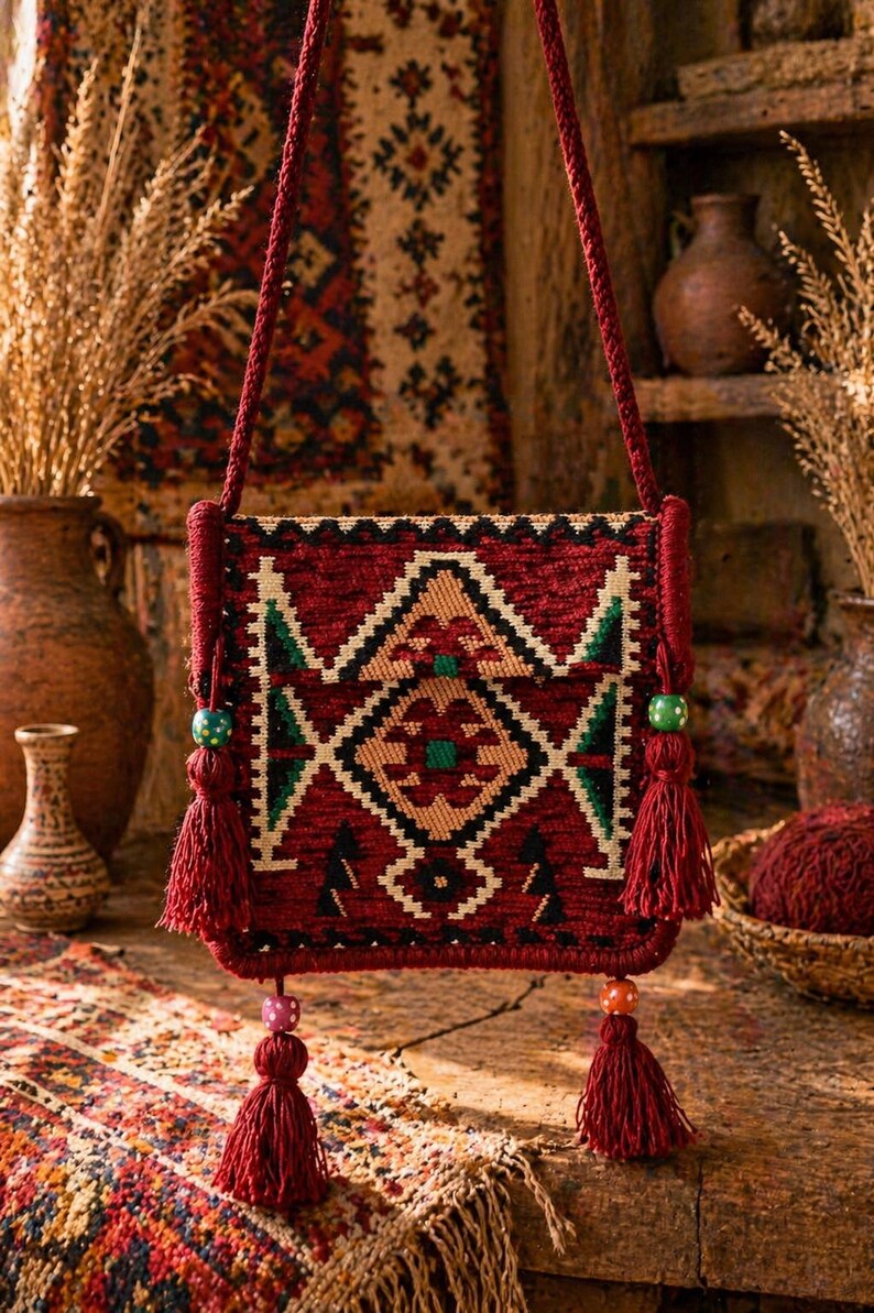 May include: A red woven shoulder bag with a geometric pattern in green, white, and tan. The bag has a braided strap and tassels with beads. The background includes pottery and a patterned rug.