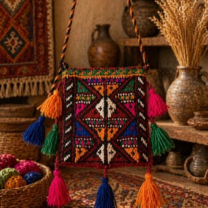 May include: A handcrafted, rectangular shoulder bag with a geometric pattern in red, black, green, orange, blue, and white. The bag features colorful tassels and a braided strap. The background includes a rug and decorative items.