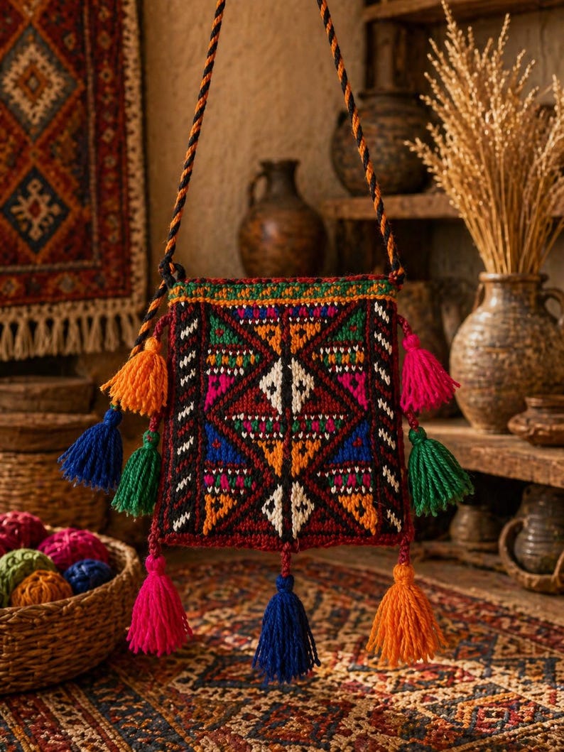 May include: A handcrafted, rectangular shoulder bag with a geometric pattern in red, black, green, orange, blue, and white. The bag features colorful tassels and a braided strap. The background includes a rug and decorative items.