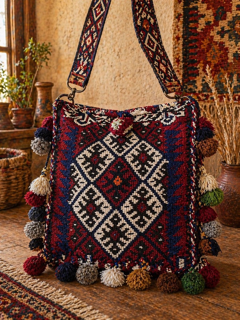 May include: A woven shoulder bag with a geometric pattern in red, blue, black, and white. The bag features a patterned strap and is adorned with colorful pom-poms along the bottom and sides. The bag is a bohemian style.