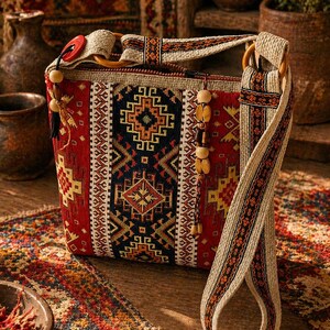 May include: A woven shoulder bag with a geometric pattern in red, black, and beige. The bag has wooden handles and a long strap with a matching design. Decorative wooden beads hang from the side. The bag is displayed on a patterned rug.