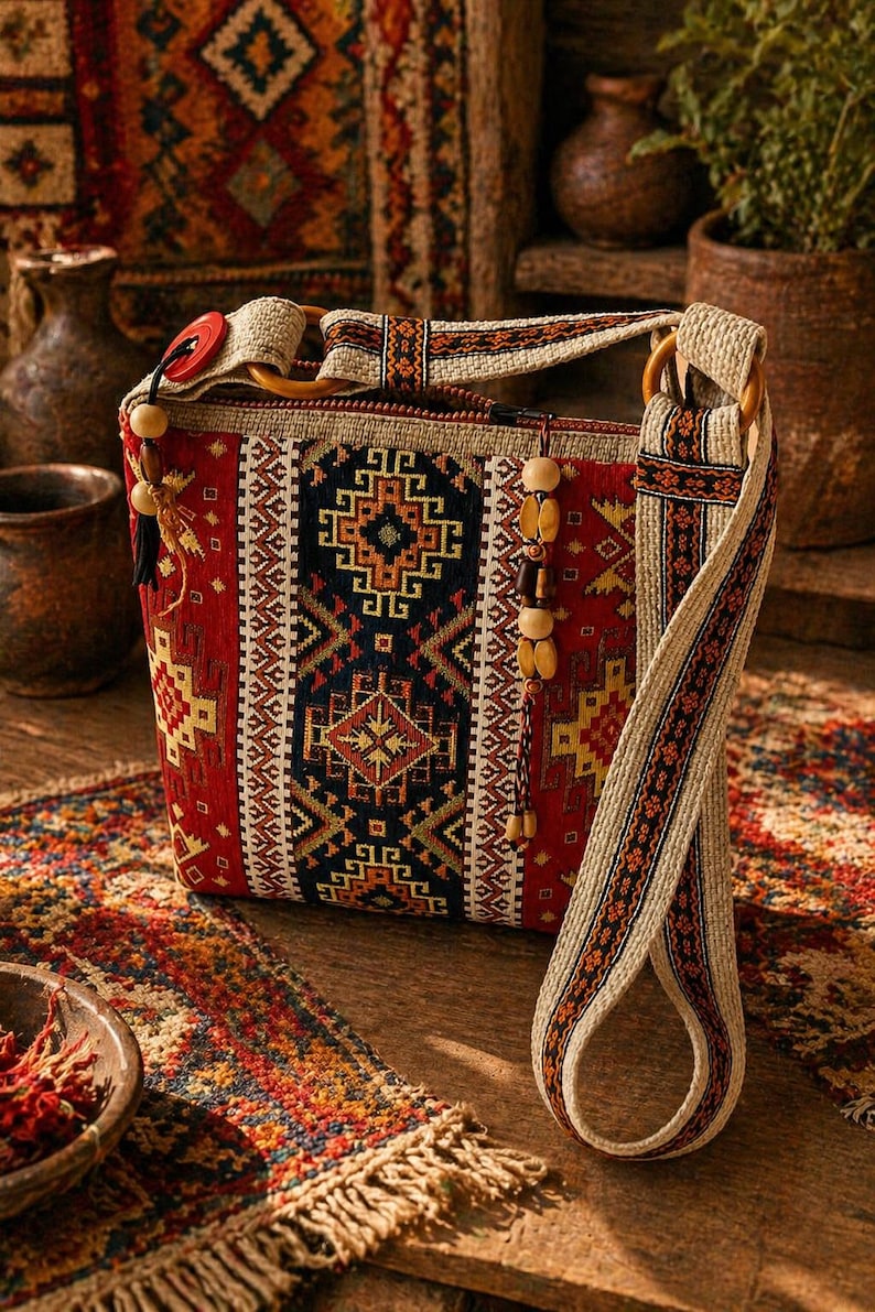 May include: A woven shoulder bag with a geometric pattern in red, black, and beige. The bag has wooden handles and a long strap with a matching design. Decorative wooden beads hang from the side. The bag is displayed on a patterned rug.