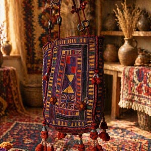 May include: A handcrafted, rectangular shoulder bag with a vibrant, geometric pattern in purple, red, orange, and yellow. The bag features a long strap with red pom-poms and tassels. The bag is displayed in a room with a rug and other decorative items.