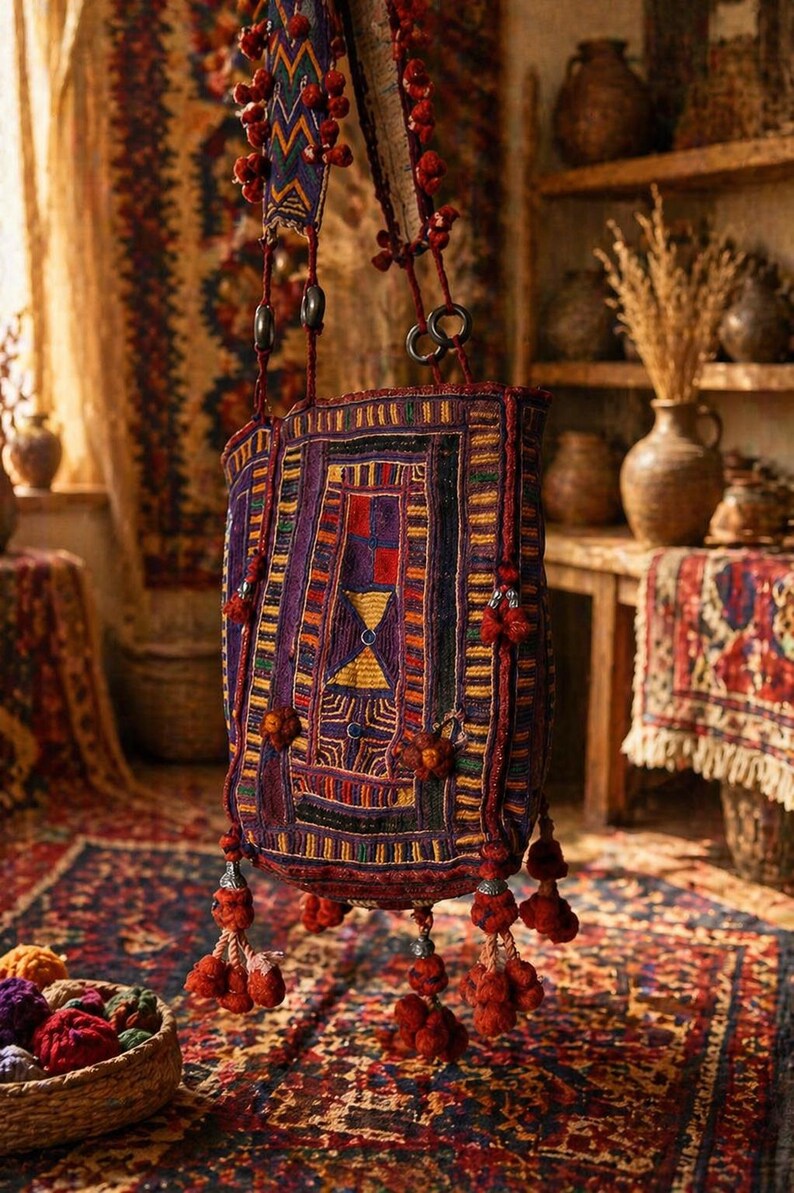May include: A handcrafted, rectangular shoulder bag with a vibrant, geometric pattern in purple, red, orange, and yellow. The bag features a long strap with red pom-poms and tassels. The bag is displayed in a room with a rug and other decorative items.