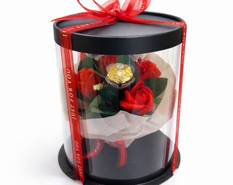 Boxed Soap Rose Bouquet mit Ferrero, klare Geschenkbox 25 cm, Valentinstagsgeschenk, Muttertagsgeschenk für Sie, Farbe wählen