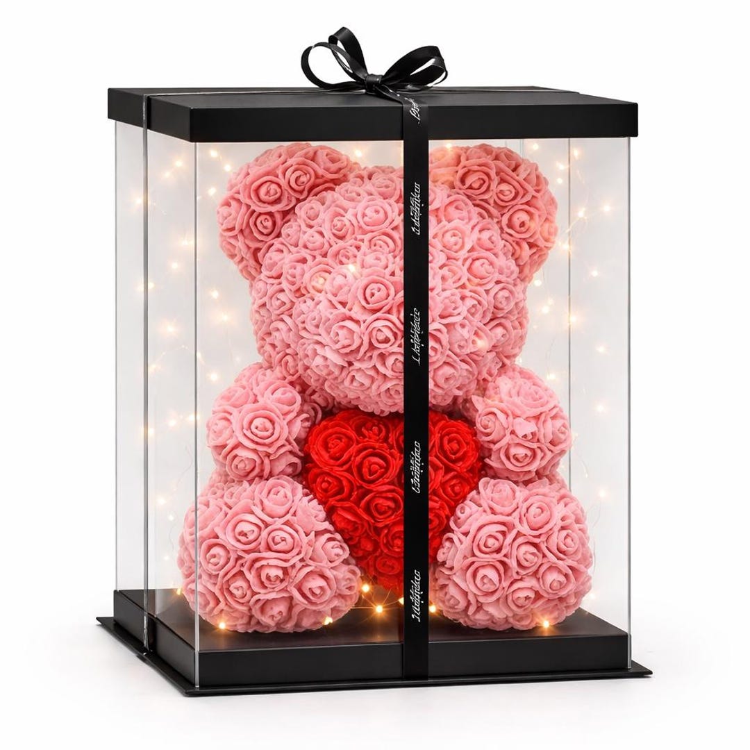 Pink Rose Bear in Gift Box, Foam Rose Teddy Bear With LED Lights ...