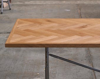 Handcrafted Solid Oak Table Top with Herringbone Pattern