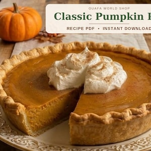 Puede incluir: Un pastel de calabaza con corteza dorada y relleno naranja suave, cubierto con una porción de crema batida y canela. El texto superpuesto dice OUAFA WORLD SHOP Classic Pumpkin Pie RECIPE PDF INSTANT DOWNLOAD.