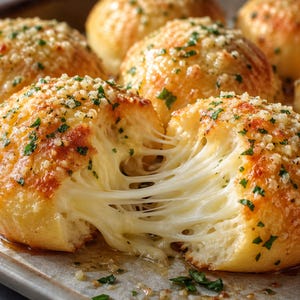 Puede incluir: Primer plano de nudos de ajo horneados con queso derretido, cubiertos con hierbas y pan rallado. El pan dorado se abre, revelando el queso hilado. Un delicioso aperitivo o guarnición.