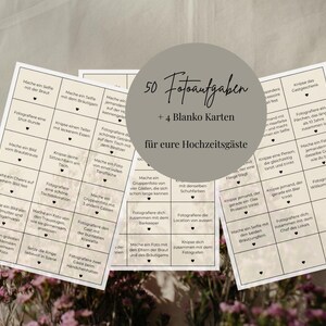 Könnte beinhalten: Ein Set Hochzeits-Foto-Challenge-Karten mit beigem Hintergrund. Die Karten sind in einer Gruppe angeordnet und enthalten deutschen Text. Die Karten sollen die Gäste ermutigen, Fotos auf der Hochzeit zu machen.
