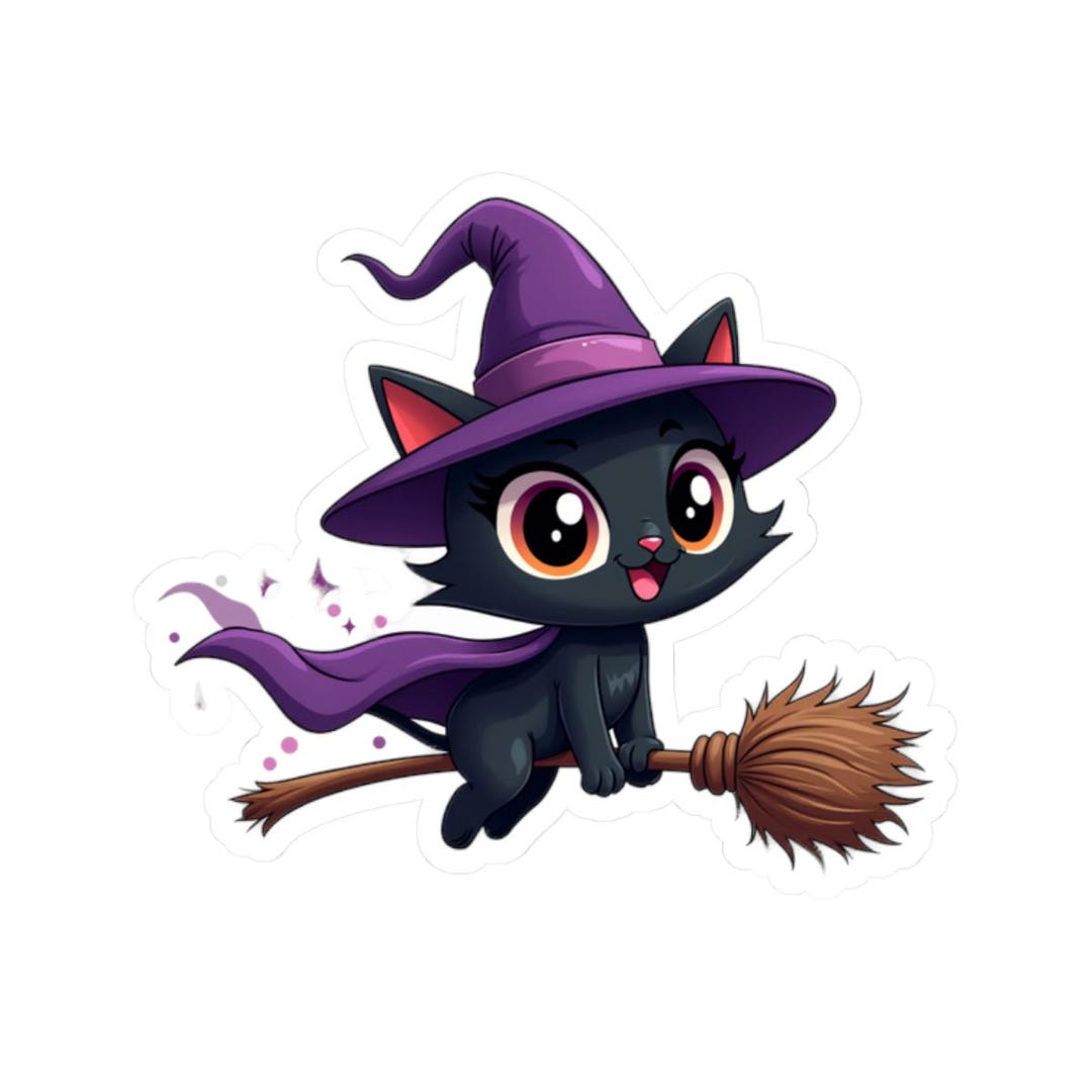 Cute Witch Black Cat Sticker | Kawaii Halloween Laptop Vinyl Decal ...