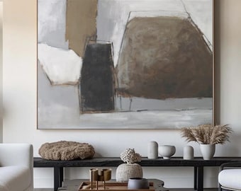 Brown Gray Abstract Oil Painting, Modern Textured Canvas Wall Art