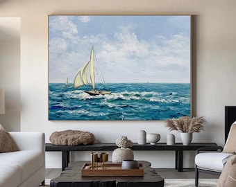 Abstract Sailboat Oil Painting, Coastal Seascape Wall Art
