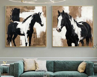 Abstract Black Horse Oil Painting, Textured Equine Canvas Wall Art