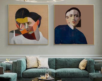 Abstract Cubist Portrait Oil Painting, Figurative Canvas Wall Art, Modern Color Block Woman Painting, Home Decor