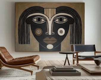 Abstract Tribal Face Oil Painting, Mid-Century Modern Canvas Wall Art