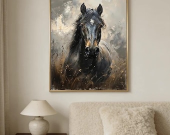 Impressionist Black Horse Oil Painting, Equine Canvas Wall Art