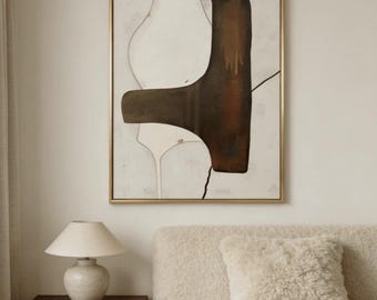 Beige Brown Abstract Oil Painting, Neutral Minimalist Canvas Wall Art