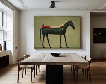 Abstract Black Horse Oil Painting, Man Lying on Horse with Red Boots Artwork, Modern Minimalist Surrealism Canvas Wall Art, Home Decor