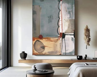 Neutral Abstract Oil Painting, Geometric Canvas Wall Art