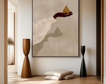 Beige Abstract Oil Painting, Hand Holding Pear Wall Art, Modern Minimalist Canvas Wall Art, Home Decor