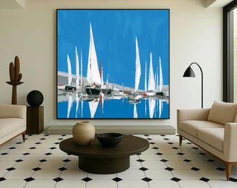 Abstract Sailboat Oil Painting, Large Seascape Canvas Wall Art