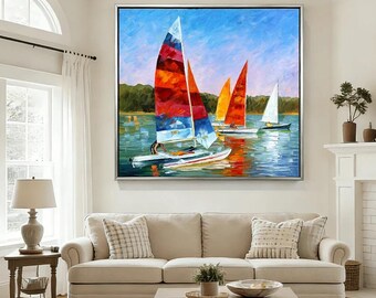 Impressionist Sailboat Oil Painting, Abstract Seascape Canvas Wall Art