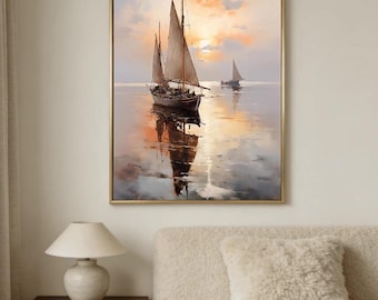 Abstract Sailboat Oil Painting, Modern Coastal Seascape Wall Art, Ocean Wall Art