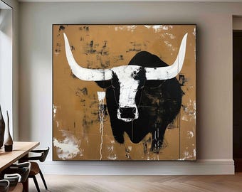 Abstract Bull Oil Painting, Textured Animal Canvas Wall Art, Modern Living Room Decor