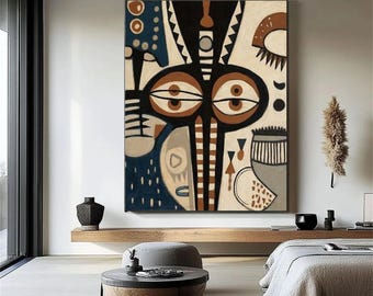 Abstract Geometric Face Oil Painting, Mid Century Modern Canvas Wall Art