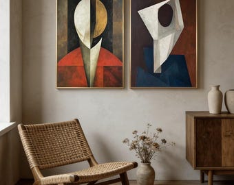 Abstract Figure Oil Painting, Cubist Geometric Canvas Wall Art