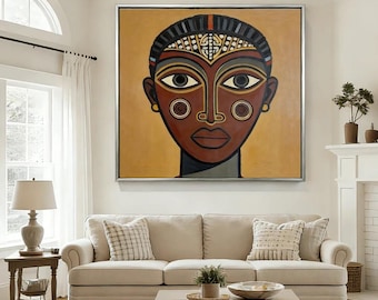 Abstract Tribal Face Oil Painting, Mid-Century Modern Canvas Wall Art