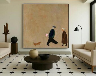 Elderly Couple with Dachshund Dog, Sweet Old Love Artwork, Wabi Sabi Neutral Wall Art, Vintage Folk Art Canvas, Living Room Bedroom Decor
