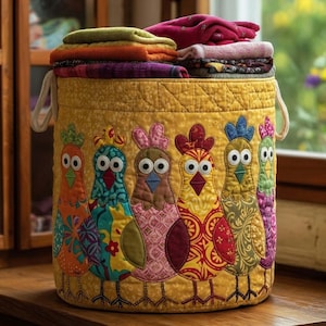 May include: A yellow quilted storage basket featuring appliqué roosters in a row. The basket is filled with folded textiles. The roosters are in various colours and patterns, including orange, blue, and pink.
