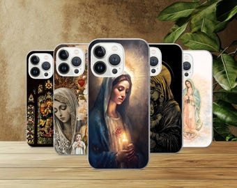 Funda para teléfono con la Virgen María, diseño católico, compatible con iPhone 17Pro, 16, 15, 14, 13, 12, Samsung S26, S25, S24, S23Fe, A16, A26, A56, Pixel 10 y 9Pro.