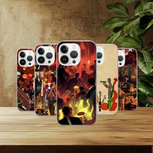 May include: A collection of five phone cases with jazz-themed artwork. The cases feature illustrations of musicians, musical instruments, and scenes from jazz clubs. The color palette includes warm tones of red, brown, and gold.