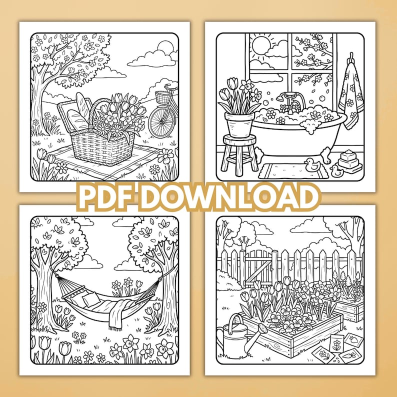Spring Coloring Book – Cozy Bold & Easy Spring Coloring Pages for Adult, Simple Relaxing Home and Garden Coloring, Printable PDF