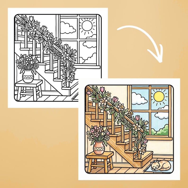 Spring Coloring Book – Cozy Bold & Easy Spring Coloring Pages for Adult, Simple Relaxing Home and Garden Coloring, Printable PDF