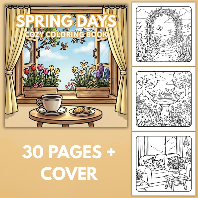 Spring Coloring Book – Cozy Bold & Easy Spring Coloring Pages for Adult, Simple Relaxing Home and Garden Coloring, Printable PDF