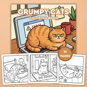 May include: A "Grumpy Cats Coloring Book" cover features an orange tabby cat with an angry expression sitting in front of a laptop displaying an error message. The book includes 35 pages of cat-themed coloring pages.