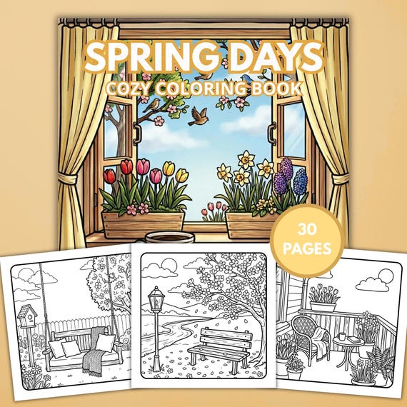 Spring Coloring Book – Cozy Bold & Easy Spring Coloring Pages for Adult, Simple Relaxing Home and Garden Coloring, Printable PDF Digital