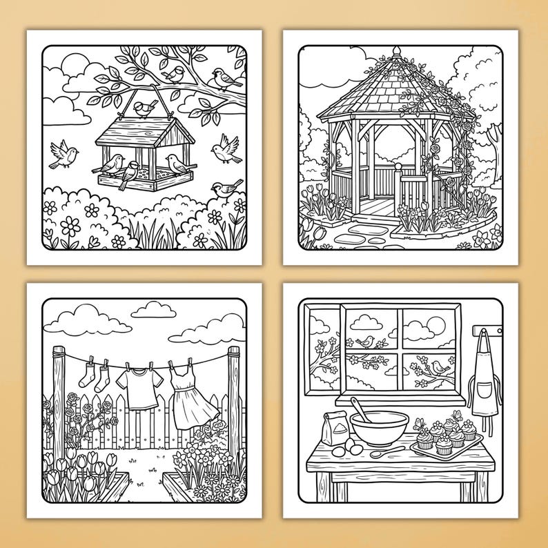 Spring Coloring Book – Cozy Bold & Easy Spring Coloring Pages for Adult, Simple Relaxing Home and Garden Coloring, Printable PDF