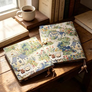 May include: Two fabric-covered journals featuring a colorful cottage and garden print. Each journal has a white lace patch adorned with a small wooden bear and cat button, plus a dangling cord with wooden beads attached to the side of the cover.