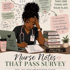 May include: Illustration of a nurse writing on a notepad, surrounded by thought bubbles with daily tasks. The image includes text: "Nurse Notes That Pass Survey" and "Being a Nurse is a Whole Job."