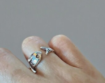 Handcrafted Sterling Silver Fish Wrap Ring, adjustable open band, boho ocean jewelry, oxidized detail, gift for anglers