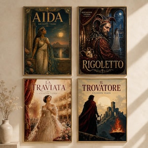 May include: Four framed posters featuring Giuseppe Verdi operas. Top left: Aida with a woman in ancient attire. Top right: Rigoletto with a jester figure. Bottom left: La Traviata with a woman in a gown. Bottom right: Il Trovatore with a figure near a castle.