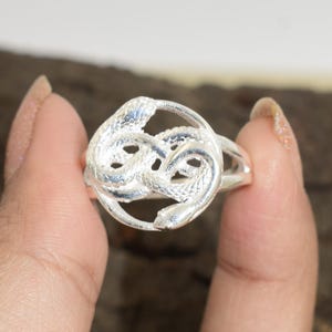 Könnte beinhalten: Ein silberfarbener Ring mit einem kreisförmigen Design, bei dem zwei ineinander verschlungene Schlangen eine unendlichkeitsähnliche Form bilden. Die Metalloberfläche hat ein strukturiertes, mattes Finish und die Ringschiene teilt sich am Motiv.